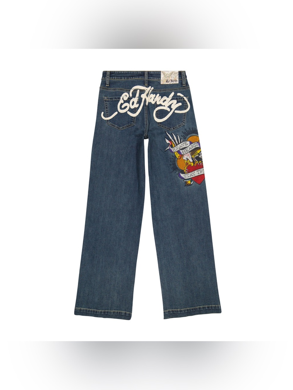 Ed Hardy “Brave Hearts Stay True” Wide Leg Jeans Size 32 Y2K Embroidered